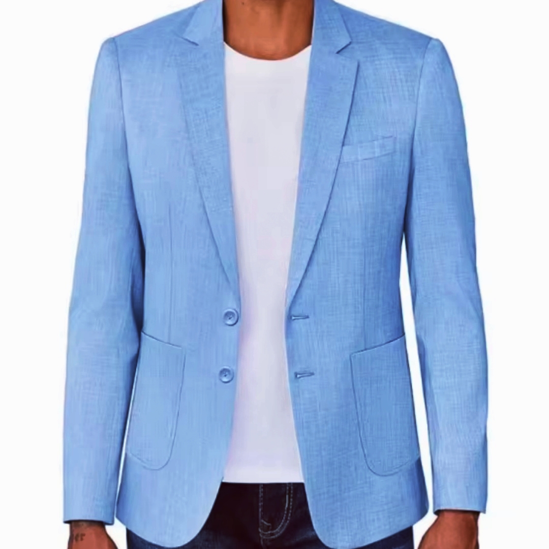Men Formal Wear Blue - Blazer en lin beige/bleu pour homme,