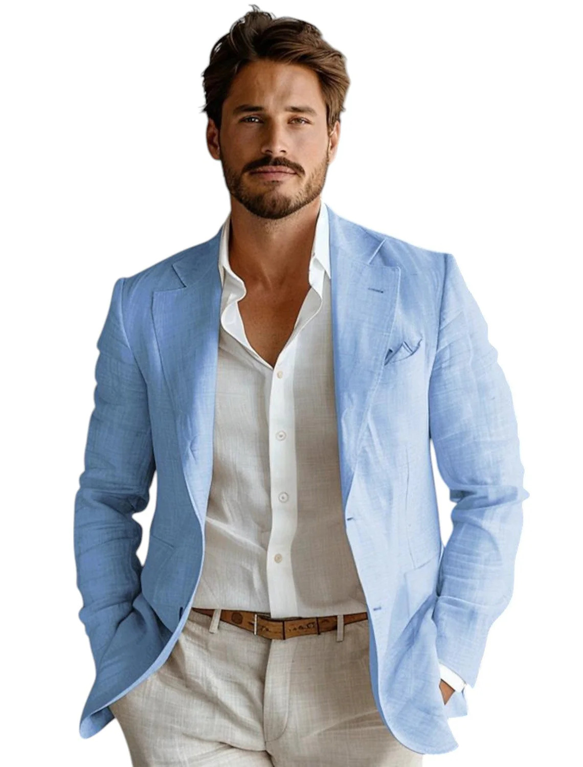 Men Formal Wear Blue - Blazer en lin bleu slim fit